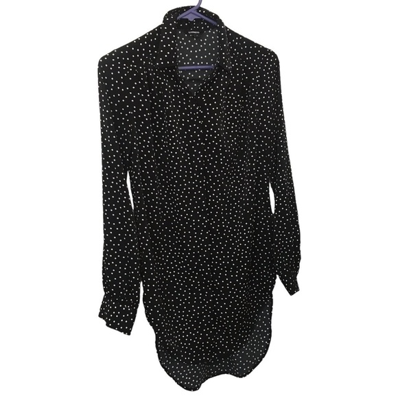 3/$15 Express black and white polka dots long sleeve button down tunic top - Picture 1 of 10